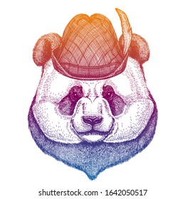 Vector panda, bamboo bear. Bavarian traditional hat. Tirol austrian hat. Beer Oktoberfest animal portrait.