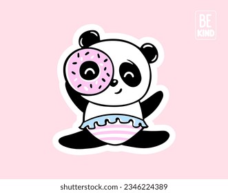 Vector Panda with Donut. Cute Baby Animals Illustration. Kawaii Kids Print, Fun Poster for Nursery