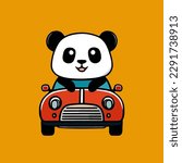 Vector panda driving a car. A cartoon design with a flat style for cute animals. Suitable for birthday designs, cards, landing pages and books