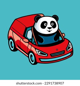 Vector panda driving a car. A cartoon design with a flat style for cute animals. Suitable for birthday designs, cards, landing pages and books