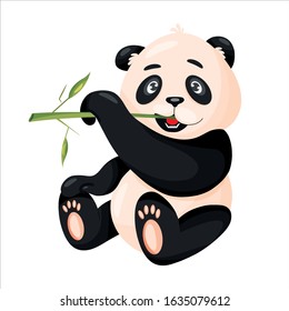 Vector panda eating bamboo isolated on white background. Cute baby panda, Flat vector illustration. Panda eats a bamboo. Minimal image