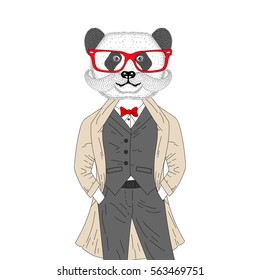 Vector panda in elegant classic suit with coat. Hand drawn anthropomorphic bear with mustache, glasses, illustration for t-shirt print, kids greeting card, invitation for gentleman party