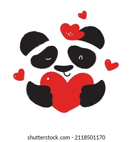 Vector panda holds a big heart in its paws. Flat illustration. Isolated.