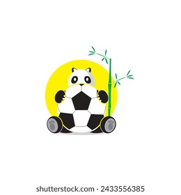 Vector panda hugs the ball and the back of the bamboo tree 