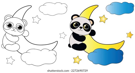 Panda vectorial en la luna. La página de color panda y la luna. Panda de ilustración sobre la luna en el color de las nubes y negro y BLANCO. Dibujando dulces sueños de panda.