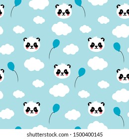 Vector Panda Seamless Pattern Background, Happy cute panda flying in the sky between clouds