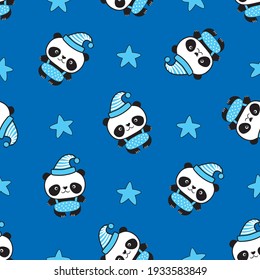 Vector panda seamless pattern background. Cute black and white cartoon bears with stars on a blue background. Laughing and smiling animals. Print for children. 
