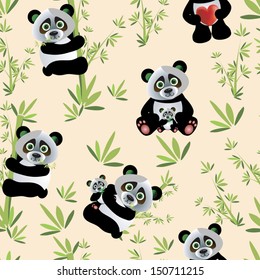 Vector Panda seamless pattern with heart and bamboo