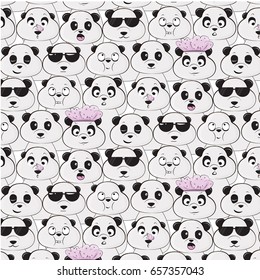 Vector panda species pattern. Diversity of black white bears cartoon print. Happy childish decoration with cute funny animals. Fabric wildlife face graphic texture