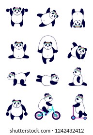 vector Panda sports set, cute bear in different poses isolated on white background, cartoon design