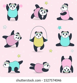 vector Panda sports set, cute bear in different poses, cartoon design