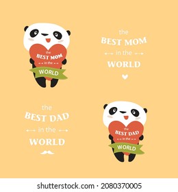Vector pandas with hearts. The best mom in the world, the best dad in the world. Mom's day. Father's day.