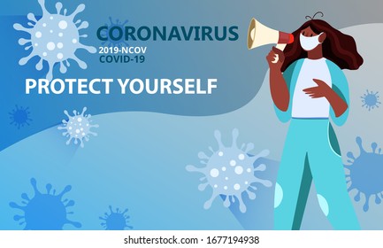 Vector pandemic banner with female character in mask holding megaphone, Protect Yourself slogan, coronavirus images. Medical COVID-19 concept about disease spreading from China to European countries