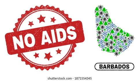 Vector pandemic Christmas collage Barbados map and No AIDS dirty stamp seal. No AIDS seal uses rosette shape and red color. Collage Barbados map is composed from scattered coronavirus, snow flake,