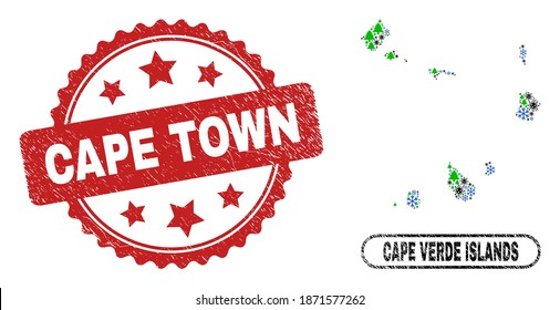 Vector pandemic Christmas collage Cape Verde Islands map and Cape Town dirty stamp. Cape Town stamp uses rosette shape and red color. Collage Cape Verde Islands map is made from random SARS virus,
