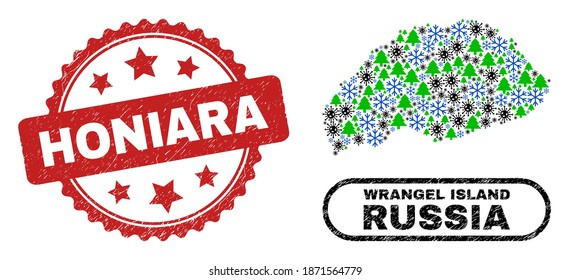 Vector pandemic Christmas collage Wrangel Island map and Honiara rubber stamp print. Honiara stamp seal uses rosette shape and red color.