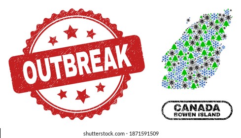 Vector pandemic Christmas composition Bowen Island map and Outbreak grunge stamp print. Outbreak imprint uses rosette shape and red color.