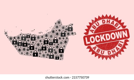 Vector pandemic lockdown collage Abu Dhabi Emirate map and grunge stamp seal. Lockdown red seal uses sharp rosette form. Mosaic Abu Dhabi Emirate map is done from covid- 2019 virus,