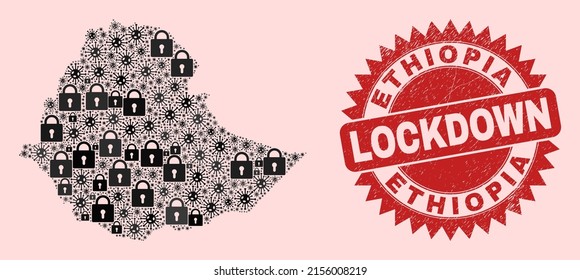 Vector pandemic lockdown collage Ethiopia map and dirty watermark. Lockdown red watermark uses sharp rosette form. Collage Ethiopia map is designed with covid- 2019 virus, and locked icons.