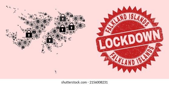 Vektor Pandemie Sperrung Collage Falkland Islands Karte und strukturierte Stempel Siegel. Die roten Stempelverschlüsse werden mit einer scharfen Rosettenform versehen. Die Mosaikkarte der Falklandinseln besteht aus dem SARS-Virus und sperrt Symbole.
