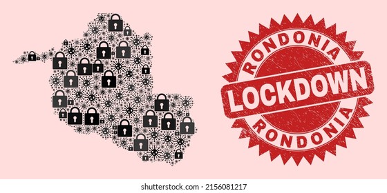 Vector pandemic lockdown mosaic Rondonia State map and scratched stamp print. Lockdown red stamp uses sharp rosette shape. Collage Rondonia State map is designed from viral, and lock symbols.