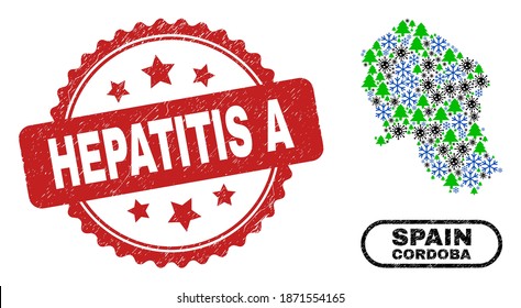 Vector pandemic New Year collage Cordoba Spanish Province map and Hepatitis A corroded seal. Hepatitis A stamp seal uses rosette shape and red color.