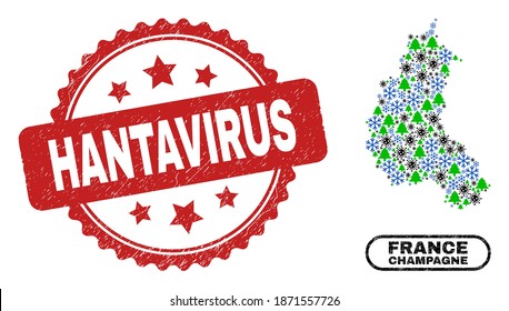 Vector pandemic New Year collage Champagne Province map and Hantavirus unclean stamp. Hantavirus stamp seal uses rosette shape and red color.