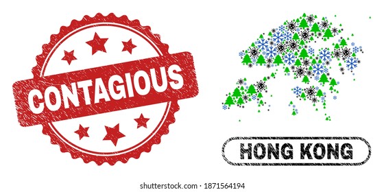 Vector pandemic New Year collage Hong Kong map and Contagious grunge stamp print. Contagious stamp seal uses rosette shape and red color. Collage Hong Kong map is created with random covid, snowflake,