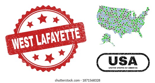 Vector pandemic New Year collage USA with Alaska map and West Lafayette grunge stamp imitation. West Lafayette stamp uses rosette shape and red color.