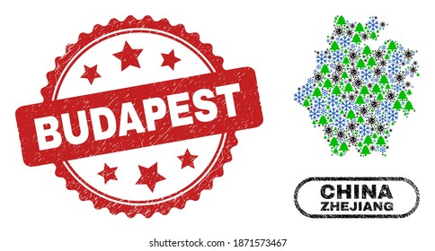 Vector pandemic New Year collage Zhejiang Province map and Budapest dirty stamp print. Budapest stamp uses rosette shape and red color. Mosaic Zhejiang Province map is organized of scattered virus,