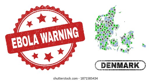 Vector pandemic New Year collage Denmark map and Ebola Warning grunge stamp seal. Ebola Warning watermark uses rosette shape and red color. Collage Denmark map is designed with randomized Covid-2019,