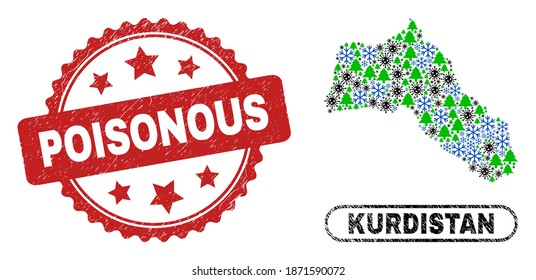 Vector pandemic New Year collage Kurdistan map and Poisonous dirty seal. Poisonous imprint uses rosette shape and red color. Collage Kurdistan map is done of randomized infection, snow,