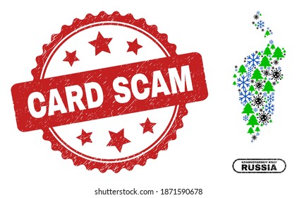 Vector pandemic New Year collage Krasnoyarskiy Kray map and Card Scam scratched seal. Card Scam imprint uses rosette shape and red color.