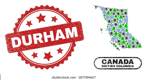 Vector pandemic New Year collage British Columbia map and Durham textured stamp seal. Durham stamp seal uses rosette shape and red color. Collage British Columbia map is formed of scattered virus,