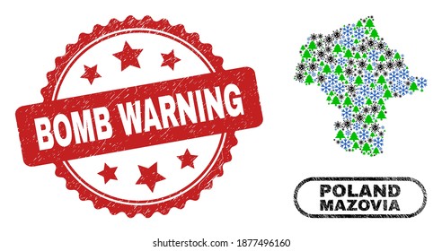 Vector pandemic New Year collage Mazovia Province map and Bomb Warning dirty stamp. Bomb Warning stamp uses rosette shape and red color.