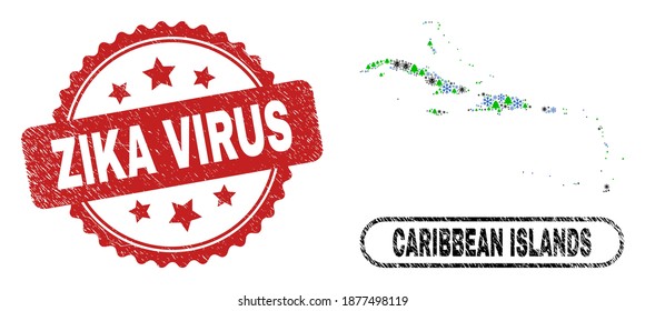 Vector pandemic New Year collage Caribbean Islands map and Zika Virus rubber stamp. Zika Virus stamp uses rosette shape and red color. Mosaic Caribbean Islands map is composed from scattered Covid,