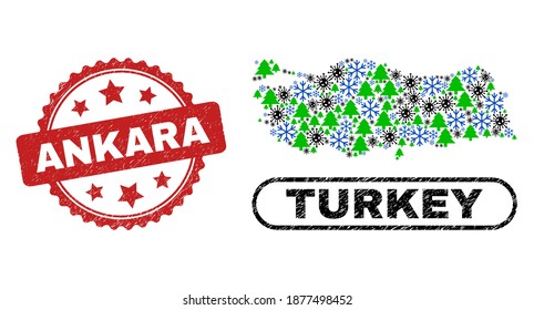 Vector pandemic New Year collage Turkey map and Ankara dirty stamp seal. Ankara stamp uses rosette shape and red color. Collage Turkey map is constructed of scattered infection, snowflake,
