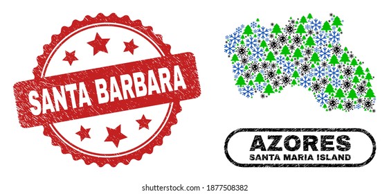 Mapa de la isla Santa María y estampado sucio de Santa Bárbara. El sello de Santa Bárbara utiliza forma de rosette y color rojo.