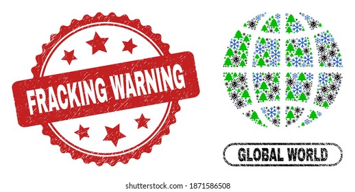 Vector pandemic New Year combination planet globe and Fracking Warning textured stamp print. Fracking Warning imprint uses rosette shape and red color.