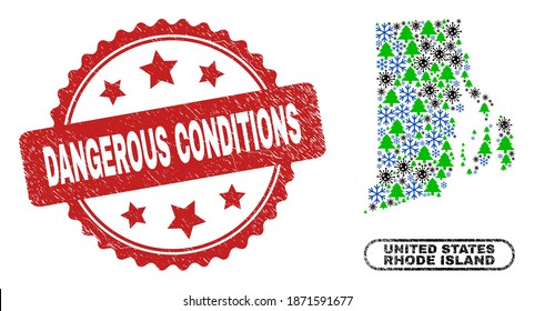 Vector pandemic New Year combination Rhode Island State map and Dangerous Conditions textured stamp print. Dangerous Conditions watermark uses rosette shape and red color.
