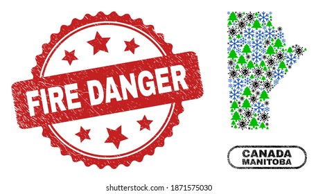 Vector pandemic New Year composition Manitoba Province map and Fire Danger grunge watermark. Fire Danger watermark uses rosette shape and red color.
