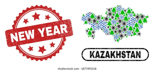 Composición del Año Nuevo de la pandemia vectorial Mapa de Kazajistán y sello grunge de Año Nuevo. El sello de Año Nuevo usa forma de rosette y color rojo. Collage Kazajistán está hecho un mapa con virus de gripe al azar, copo de nieve,