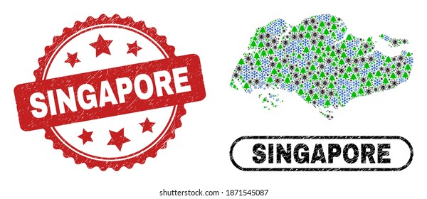Vector pandemic New Year mosaic Singapore map and Singapore corroded seal. Singapore stamp uses rosette shape and red color. Collage Singapore map is composed with randomized SARS virus, snowflake,