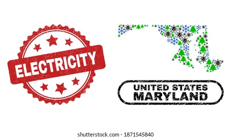 Vector pandemic New Year mosaic Maryland State map and Electricity unclean stamp imitation. Electricity stamp uses rosette shape and red color.