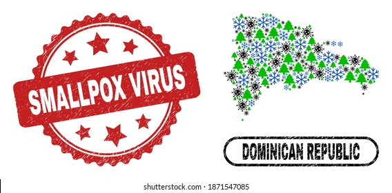 Vector pandemic New Year mosaic Dominican Republic map and Smallpox Virus rubber stamp seal. Smallpox Virus imprint uses rosette shape and red color.