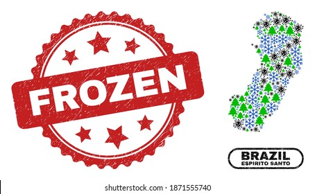 Vector pandemic New Year mosaic Espirito Santo State map and Frozen grunge stamp print. Frozen stamp seal uses rosette shape and red color.
