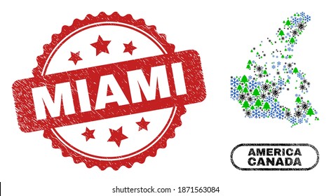 Vector pandemic New Year mosaic Canada v2 map and Miami unclean stamp print. Miami watermark uses rosette shape and red color. Mosaic Canada v2 map is designed from scattered flu virus, snow flake,