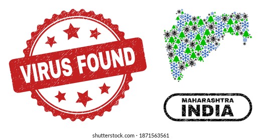 Vector pandemic New Year mosaic Maharashtra State map and Virus Found grunge stamp imitation. Virus Found stamp uses rosette shape and red color.