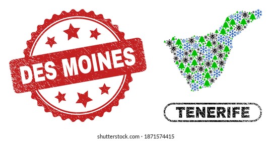 Vector pandemic New Year mosaic Tenerife map and Des Moines grunge watermark. Des Moines seal uses rosette shape and red color. Mosaic Tenerife map is composed of random covid- 2019 virus, snow flake,