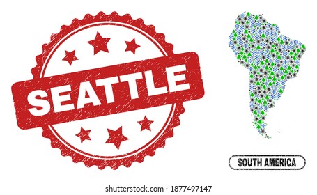 Vector pandemic New Year mosaic South America map and Seattle textured stamp seal. Seattle stamp seal uses rosette shape and red color. Collage South America map is composed of randomized virus,